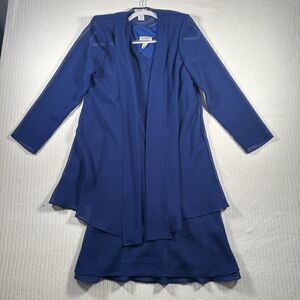 Vtg 90s Sally USA Blue Chiffon Dress 2pc Set Medium M Beaded Mother of Bride